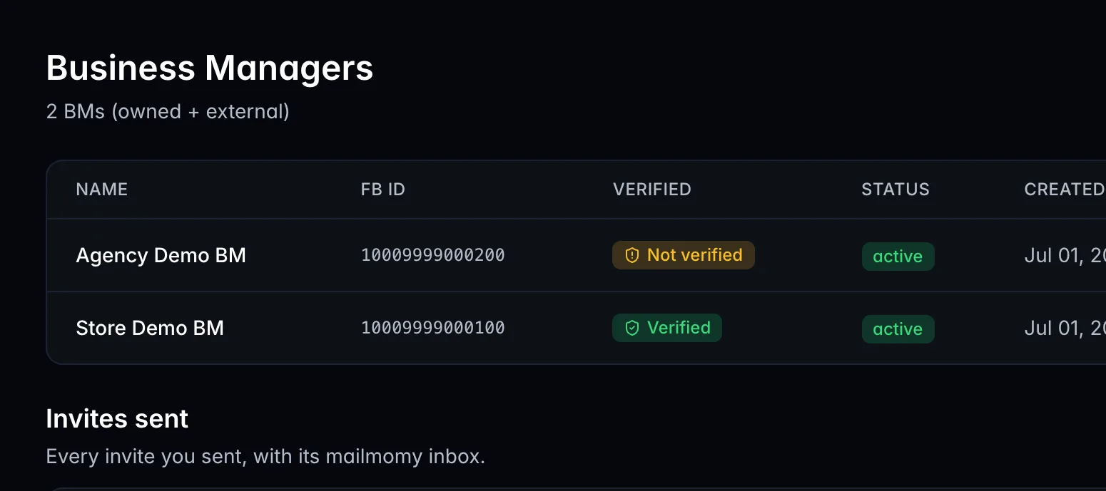 Business managers do ads-flow — BMs próprias e externas com status de sync