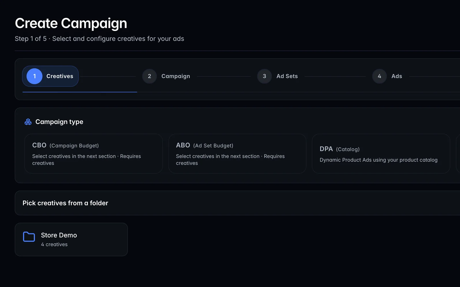 Builder de campanhas do ads-flow — seleção de tipo de campanha e pastas de criativos