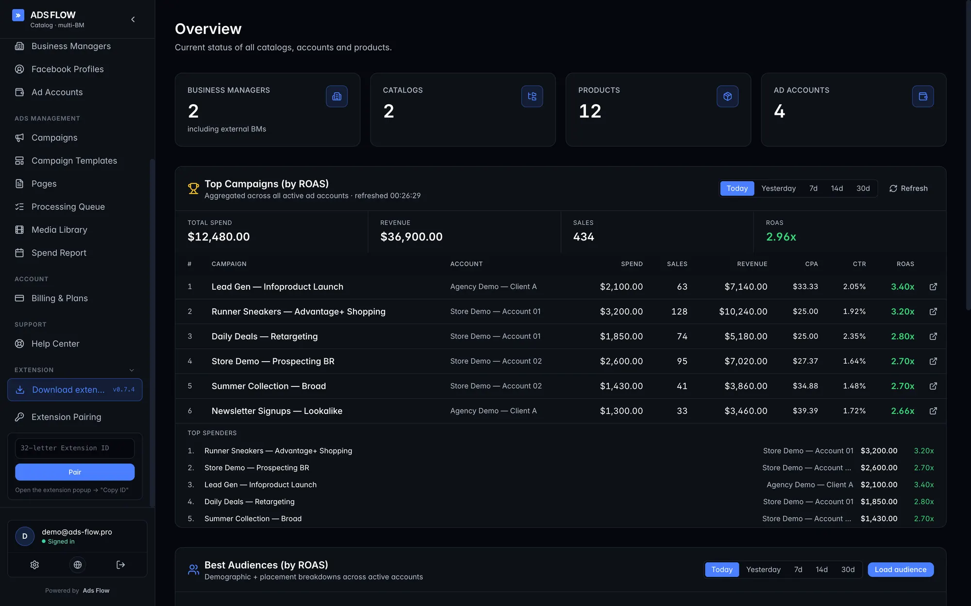 Dashboard do ads-flow — visão geral de business managers, catálogos, produtos e contas de anúncio